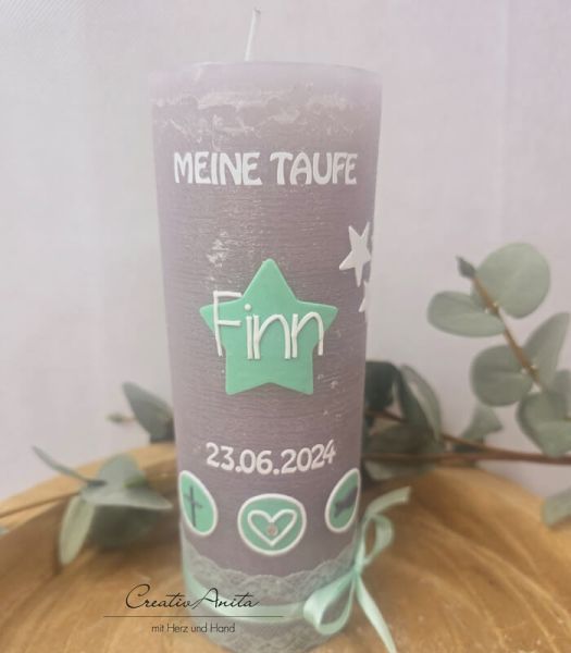 Taufkerze Rustik- Sterne grau-mint